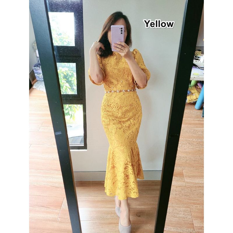Dress brokat duyung kuning dan putih