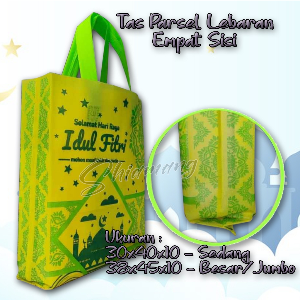 

Tas Lebaran Spunbond Goodie Bag Jumbo, Besar / Kecil Edisi Sablon Lebaran Idul Fitri 2024 - Tas Tenteng Lebaran Tas Kain Parcel Kantong Bingkisan Idul Fitri Spunbond Tanggung atau Besar