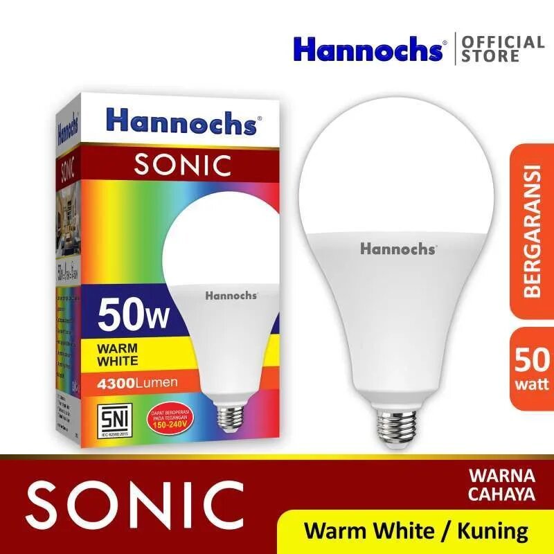 bohlam led hannochs 50 watt warm white cahaya kuning SNI