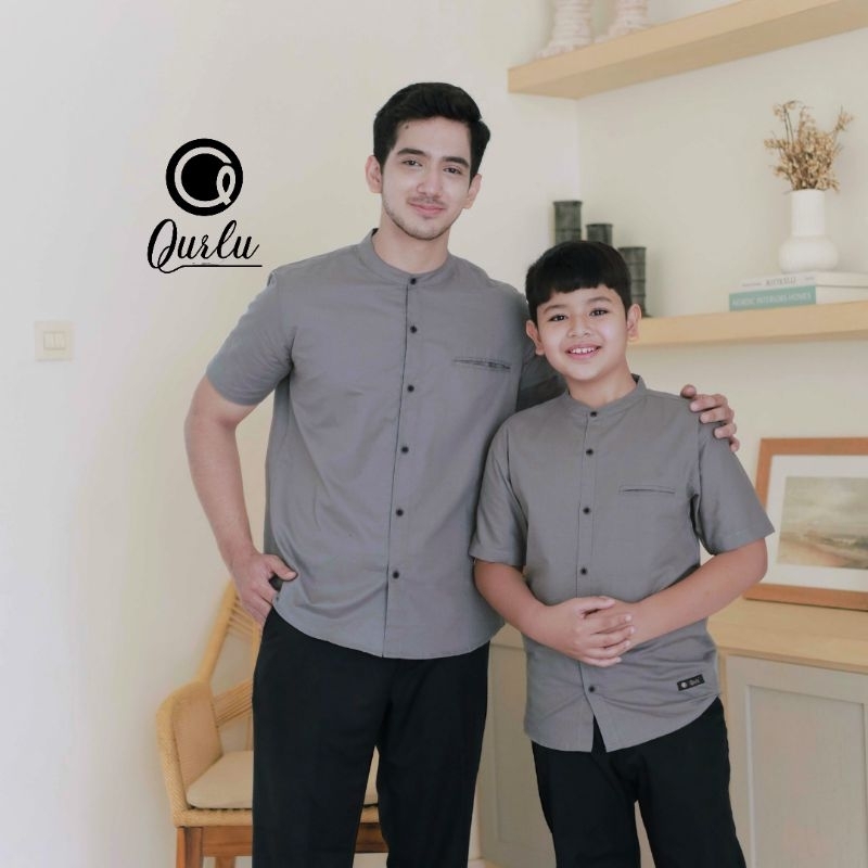 Qurlu - Kemeja Koko Dewasa/Anak warna GREY/ABU SEDANG (baju couple ayah dan anak laki-laki) Baju Kok