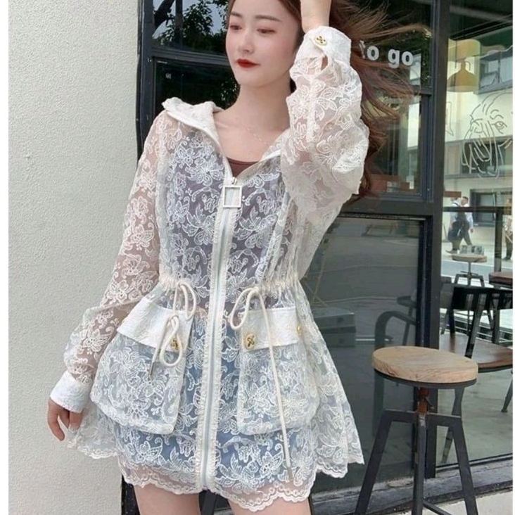 6062 Baju outer luaran JAKET JACKET PATTY DRAWSTRING LACE BROKAT putih polos Korea Korean style wani