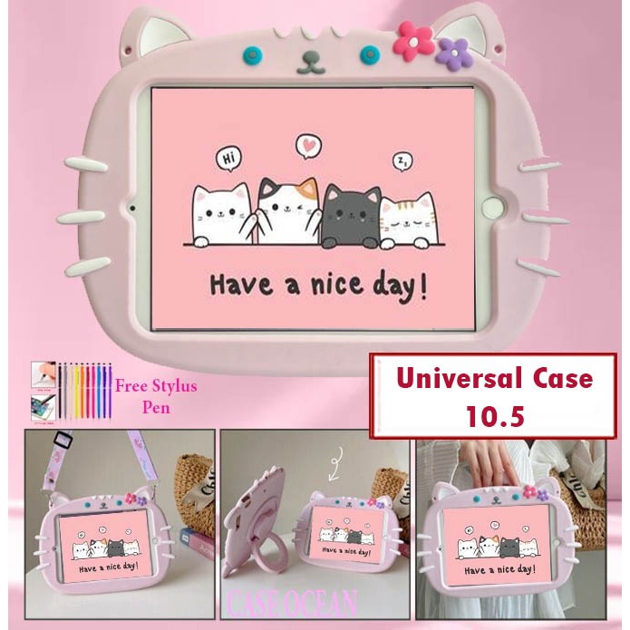 Olike Edu Tab E3 10 SoftCase Soft Case Anak Kids Cover Rotate Flower Cat Lucu Casing Free Tali Stand