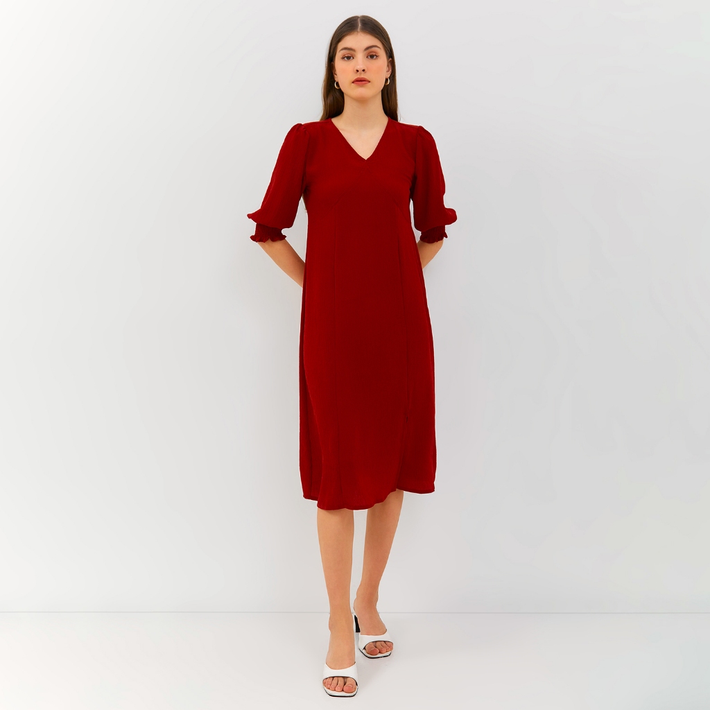 SIMPLICITY V-Neck Crinkle Smocked Cuff Midi Dress / Dress Wanita Casual Kerah V Bahan Crinkle Kekini