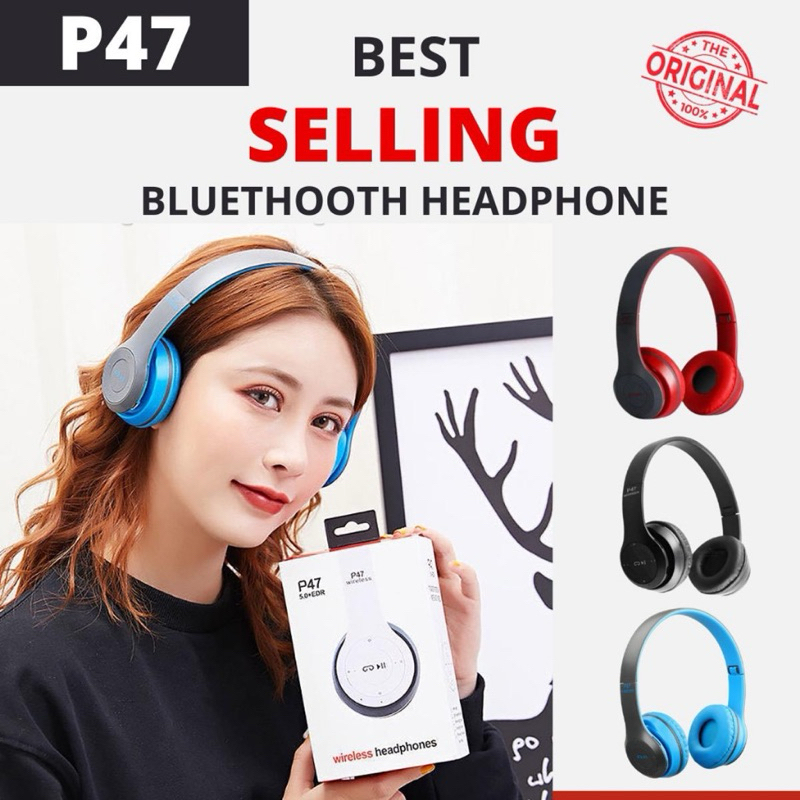 Headphone Headset Bluetooth P47 Wireless Portable / Headset Bando Kabel + Mic Suara Full Bass Mantap