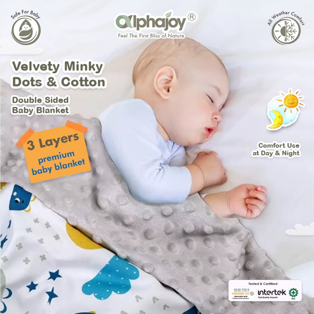 Selimut Bayi Premium Alphajoy Velvety Minky Dots Cotton Double Sided Baby Blanket 3 Lapisan Layers d