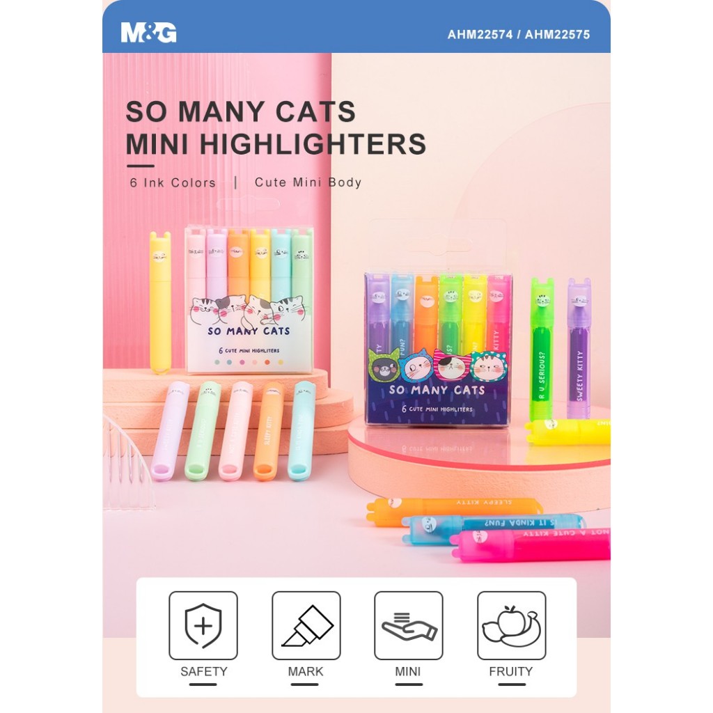 

M&G Cute "SO MANY CATS" Mini Fruit Scented Pastel Highlighter 6pcs/ Stabilo mini pastel