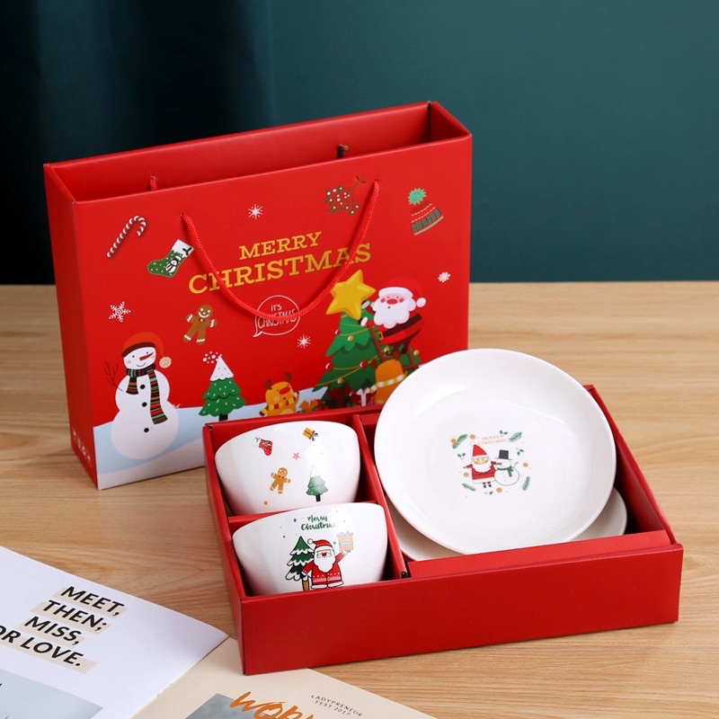 

Termurah Christmas Gift Bowl Plate set Paket Hadiah Natal 2 mangkok 2 piring keramik pakai tas gas !!
