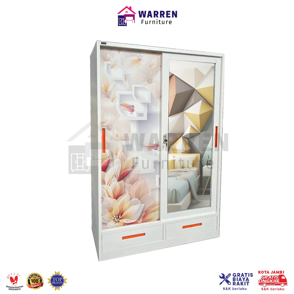 Lemari Pakaian Besi / Lemari Baju Besi 2 Pintu Sliding Pintu Geser + 2 Laci