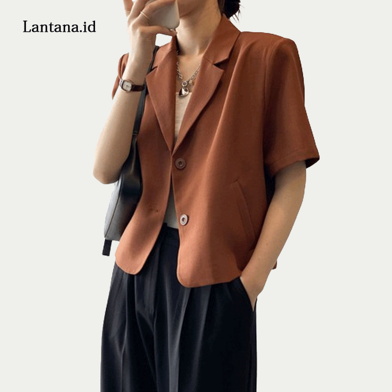 blazer lengan pendek warna kopi wanita korea atasan retro longgar kasual setelan Kecil crop top oute