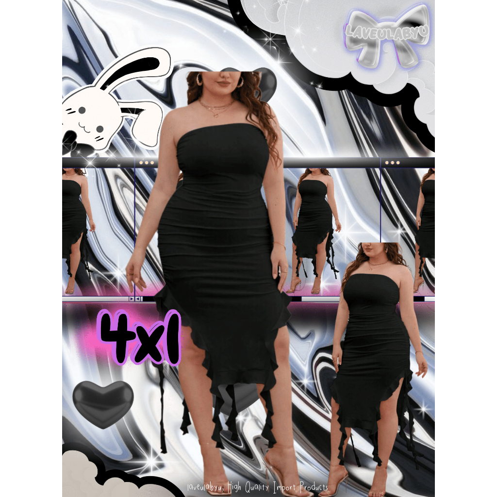 Laveulabyu♡ Asimetris Hem Trim Ruffle Dress Kemben Warna Hitam | Big Size | Jumbo | Plus Size