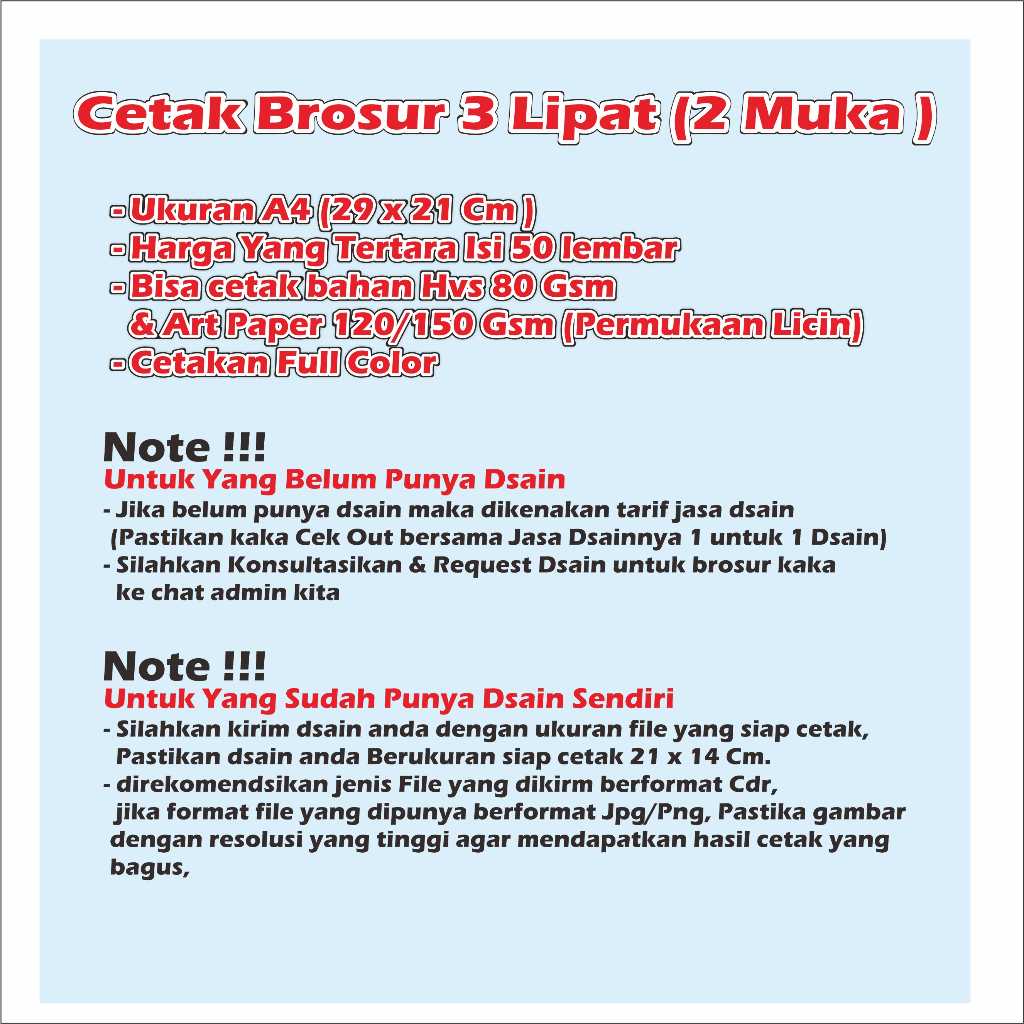 

CETAK BROSUR LIPAT 3 UKURAN A4 CETAK BULAK BALIK 2 MUKA ISI 50 LEMBAR CETAK BROSUR 3 LIPAT