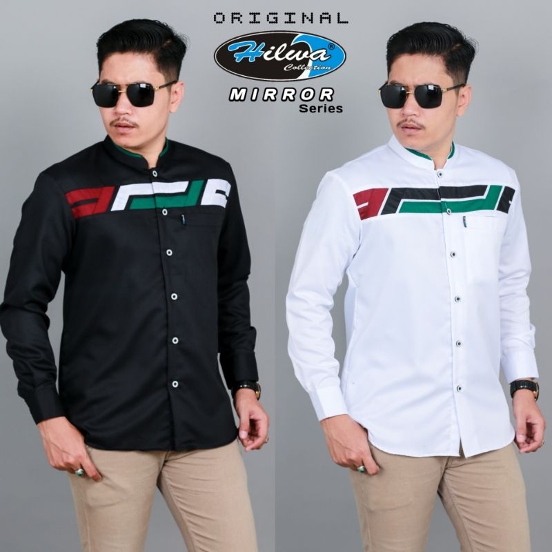Baju Koko HILWA COLLECTION Mirror Series Lengan Panjang Warna Hitam Putih Seragam Hadroh Matt Katun 