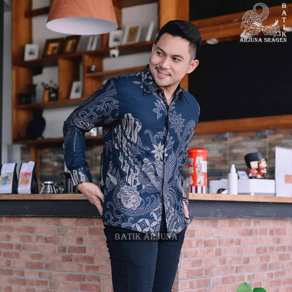 kemeja batik pria baju atasan lengan panjang modern slim fit cowok alisan biru navy premium