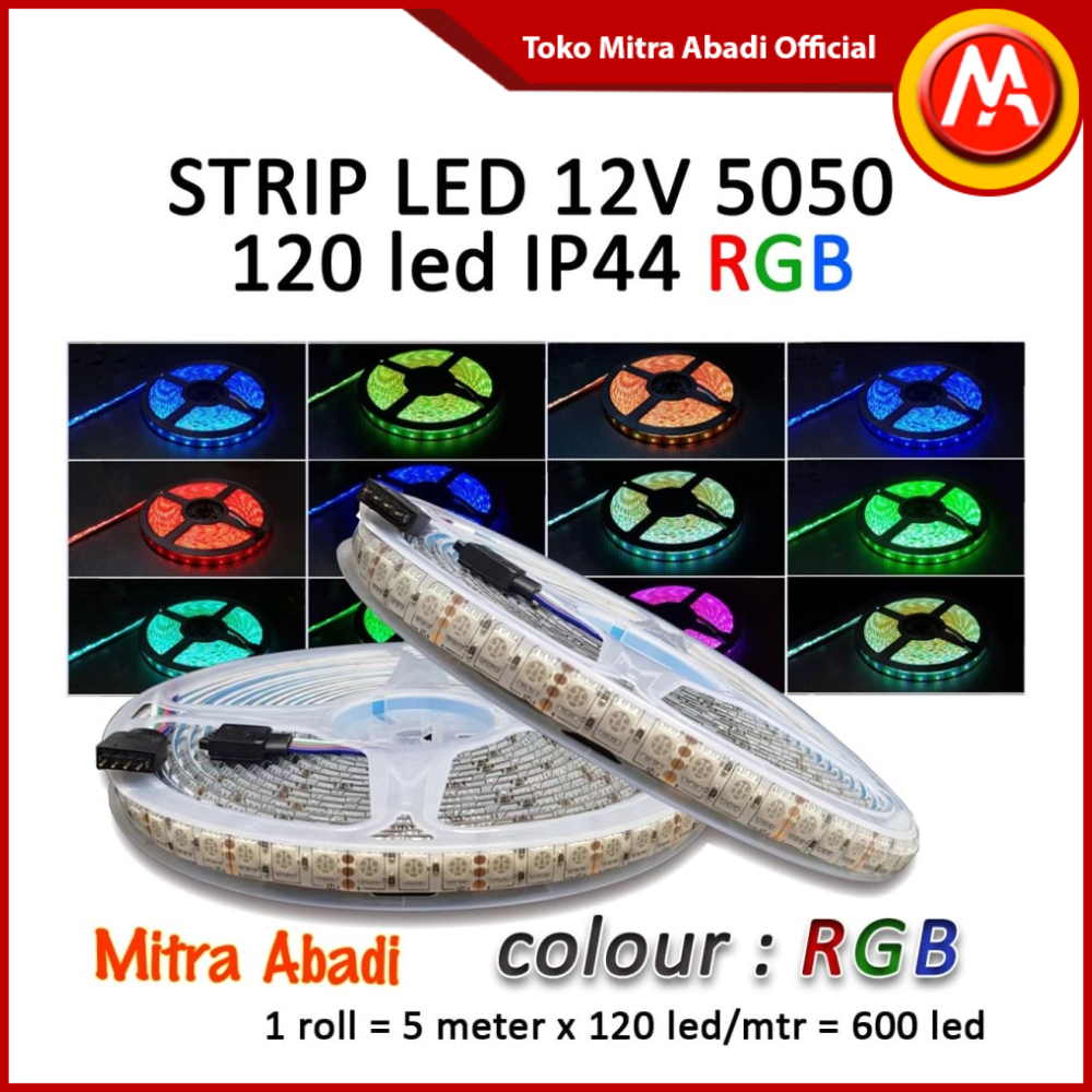 Lampu LED Strip SMD 5050 RGB 120 LED/Meter DC 12V IP44 WATERPROOF