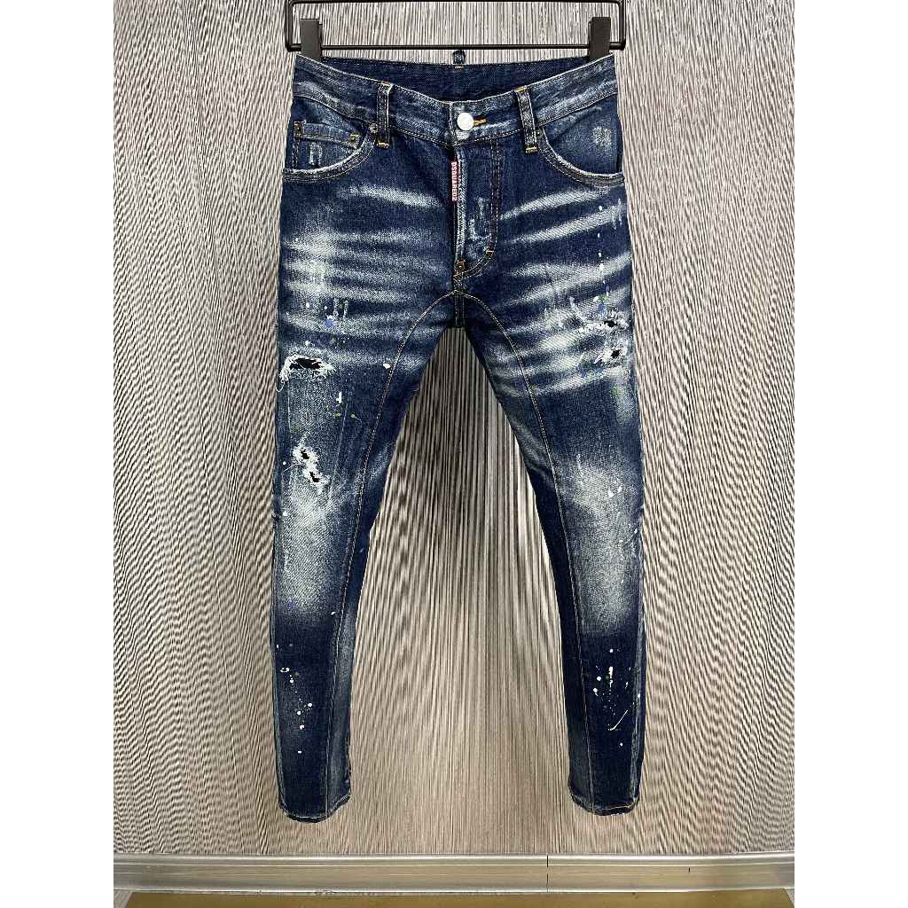 Foto asli jeans kasual pria DSQUARED2, merek fashion high street biru, celana panjang kasual robek r