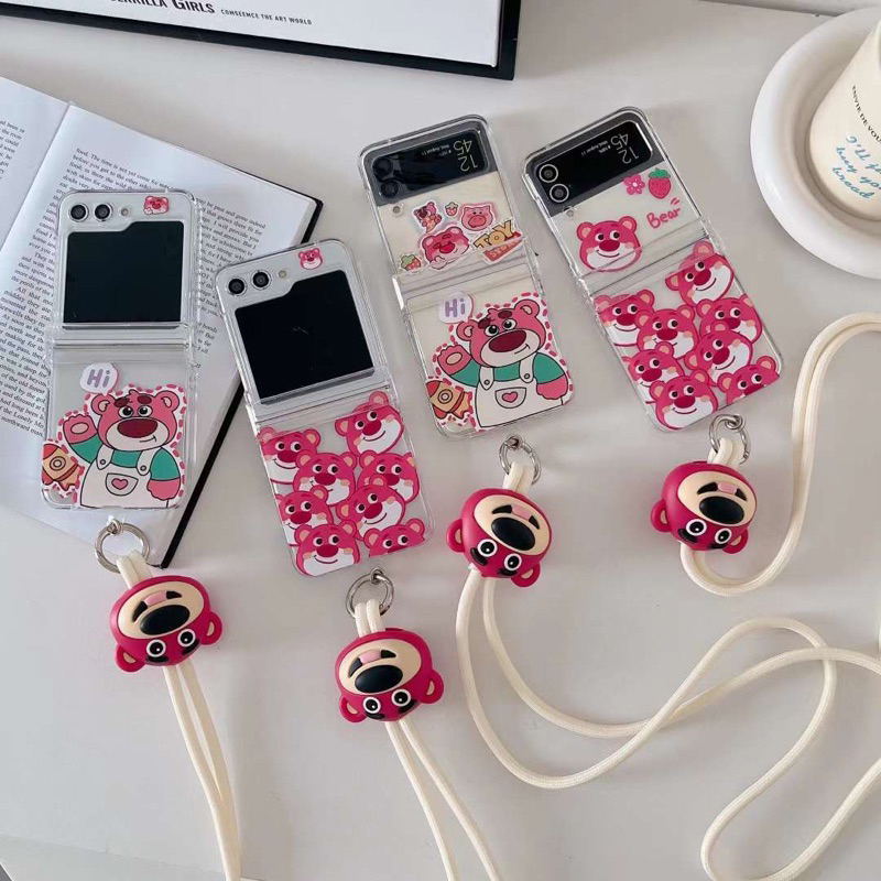 NEW Case Samsung Zflip7 Zflip6 Pink Lotso Lotsoo Teddy Bear Toy Story Toystory Strawberry With Chain