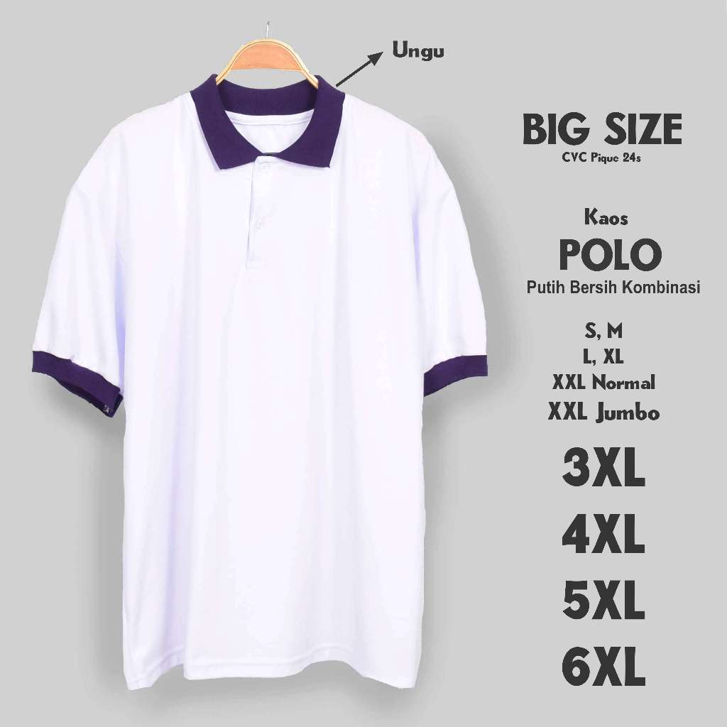 Kaos Polo Jumbo Putih Bersih Kombinasi Ungu Big Pria Size S M L XL XXL 3XL 4XL 5XL 6XL Kerah