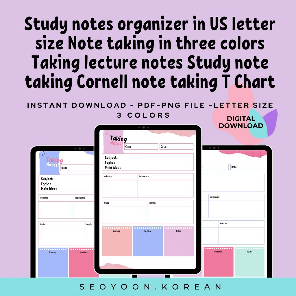 

Study notes organizer in US letter size Note taking in three colors Taking lecture notes Study note taking Cornell note taking T Chart PDF File