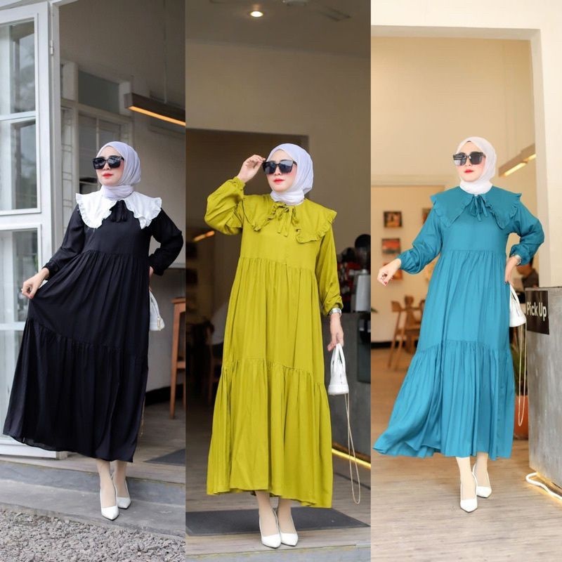 Midi Dress Muslim Model Korean Style Kekinian Rayon Premium Polos Berkerah