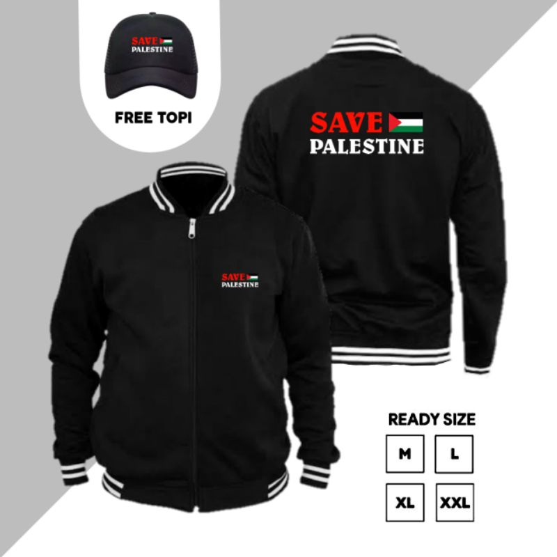 JAKET VARSITY SAVE PALESTINE TERBARU GRATIS TOPI PREMIUM - JAKET CINTA PALESTINE - JAKET FREE PALEST