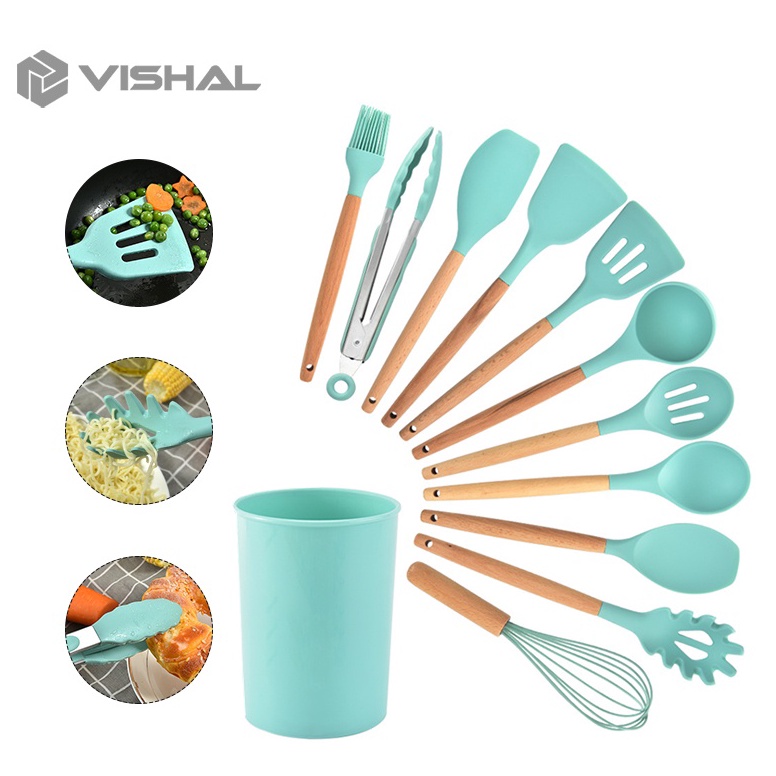 Dapatkan IdQq7Q1 VISHAL 12pcs Kitchen Set Spatula Masker Alat Dapur Spatula Silikon Tahan Panas Pera