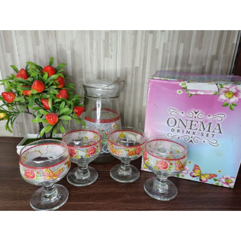Gelas  set onema lengkap dengan teko (4 gelas 1 teko) bahan kaca NICE BAGUS MURAH CANTIK NEW VIRAL S