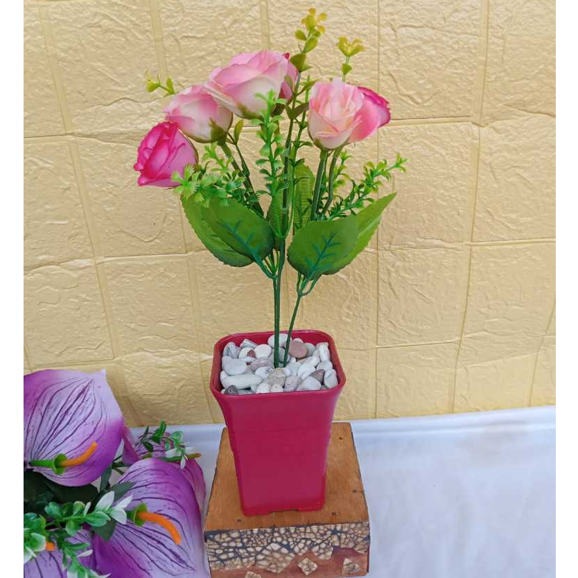 P327 Pot Bunga Mawar dan Bunga Hydrangea Tanaman Hias Bunga Hias Plastik Ornamen Pot Bongsai Artificial Flower Decoration