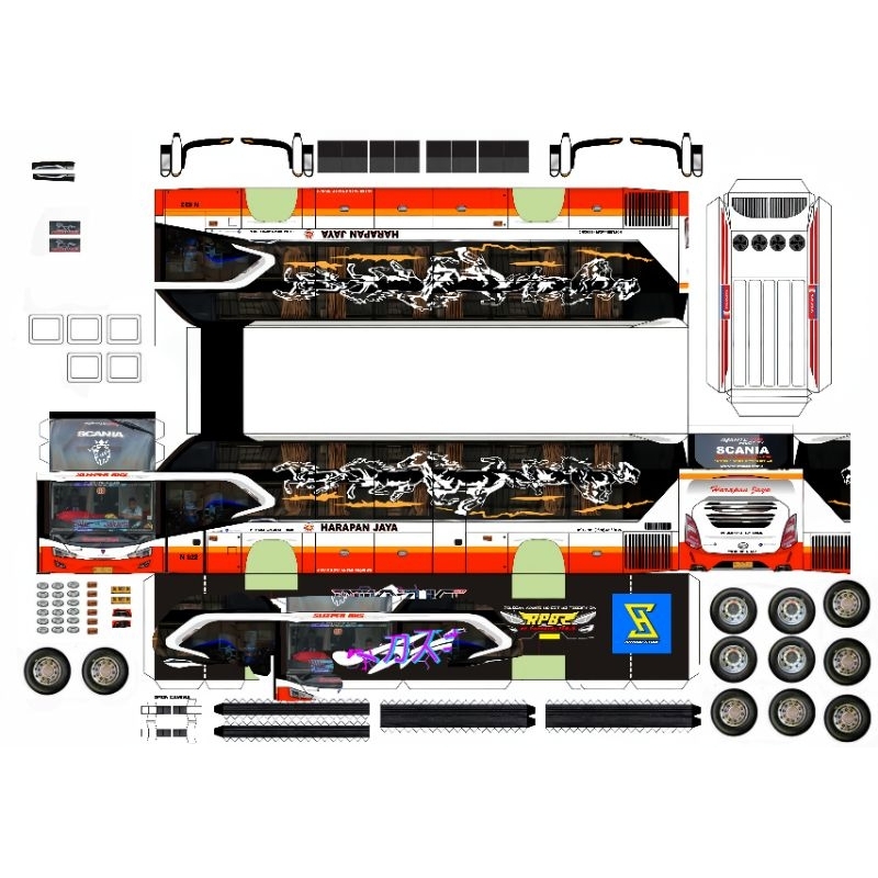 lembaran papercraft bus harapan jaya skala 50 laminasi non laminasi