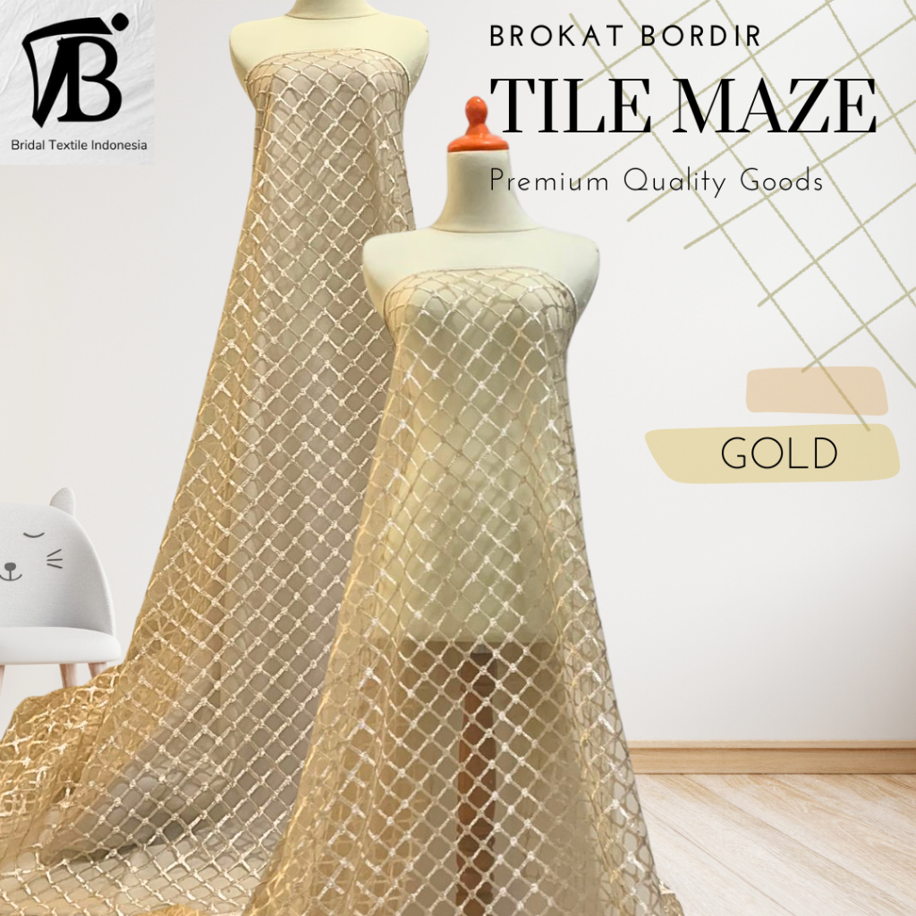 Kain Brokat Tile Tulle Square Maze Kotak Polos Warna Kuning Emas Gold