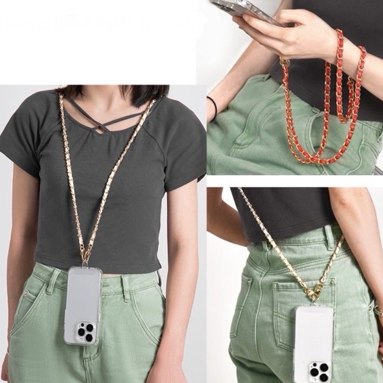 Wj Tali Tas Selempang Panjang Rantai 12cm Gantungan Lanyard HP  Slim Chain Leather Braided Strap Bag