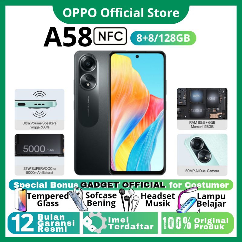 OPPO A58 NFC 6/128GB - 8/128GB - RAM UPTO 16GB - KAMERA UTAMA 50MP - CHIPSET HELIO G85 - SUPERVOOC C