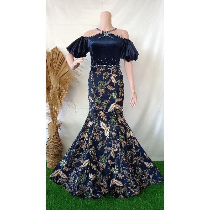 gaun penyanyi pesta duyung mekar batik strech kombinasi bludru