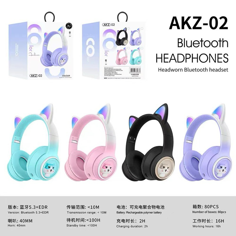 [ AKZ-02 ] HEADPHONE/HEADSET BANDO LED WARNA WARNI BLUETOOTH/WIRELESS type AKZ-02  Motif KUCING / CA