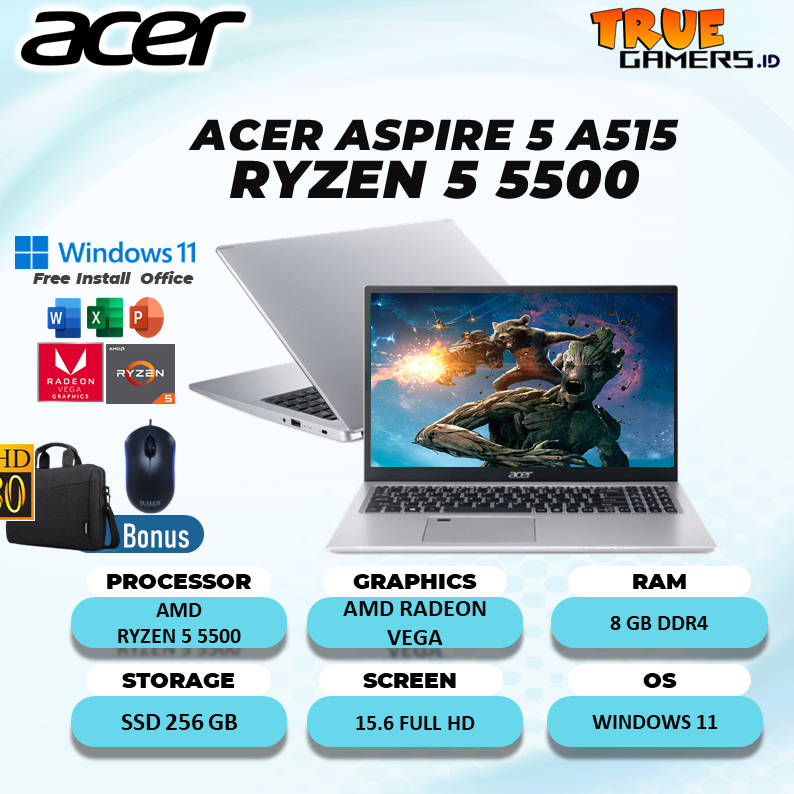 Laptop Acer Aspire 5 A515 Ryzen 5 5500 8GB 256GB  Win11 15.6Full HD