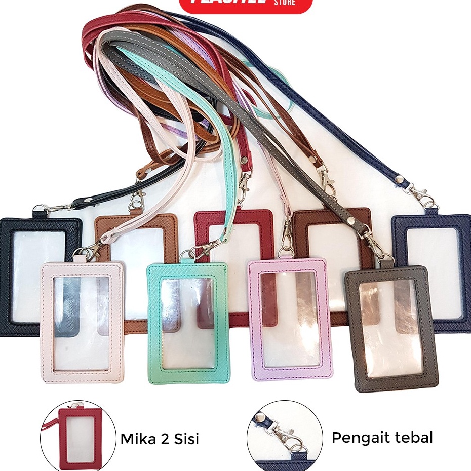 

Baru ID Card Holder Plastik Name Tag Mika Flashee ID Card Lanyard Kulit Dua Sisi Transparan Termurah PU Leather