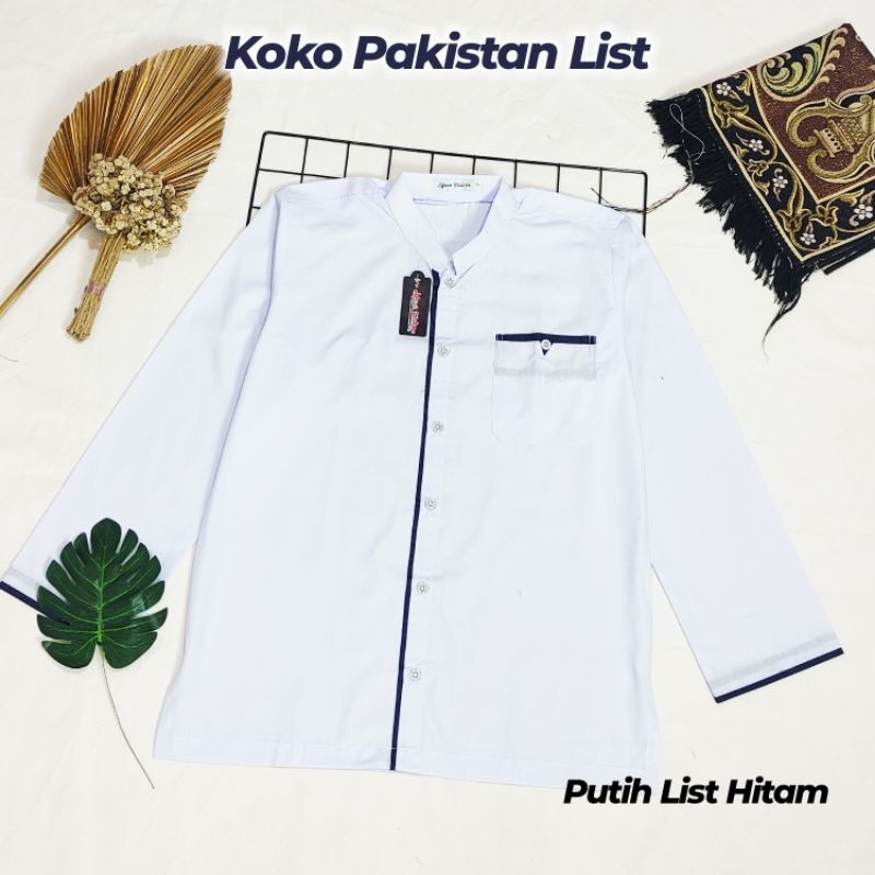 Kemeja Koko Pria Putih Lengan Panjang Katun Callista List Hitam