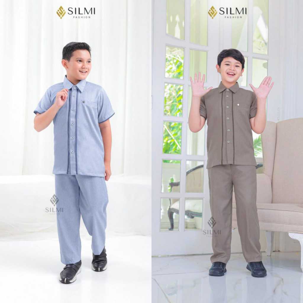 SETELAN KEMEJA KOKO BUSANA MUSLIM ANAK BIRU COKLAT COKSU - SARIMBIT SILMI 2024 SABRINA FAMILY KOKO A