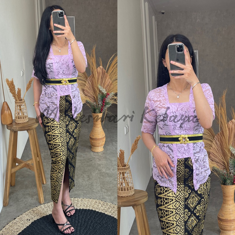 Kebaya Bali Set Brukat Pendek Ungu Lilac