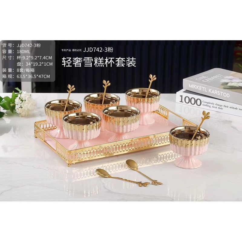 Gelas Es Krim Keramik plus sendok dan nampan gelas es krim Gold Gelas es krim putih gold pink gold