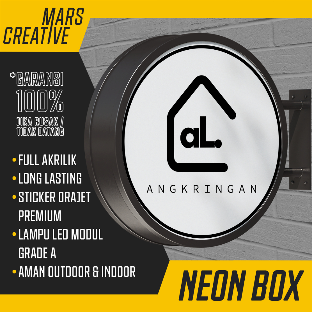 NEONBOX BULAT 80cm + BRACKET & HURUF TIMBUL AKRILIK SPONS UKURAN 25cm x 300cm + LAMPU SOROT 3 PCS