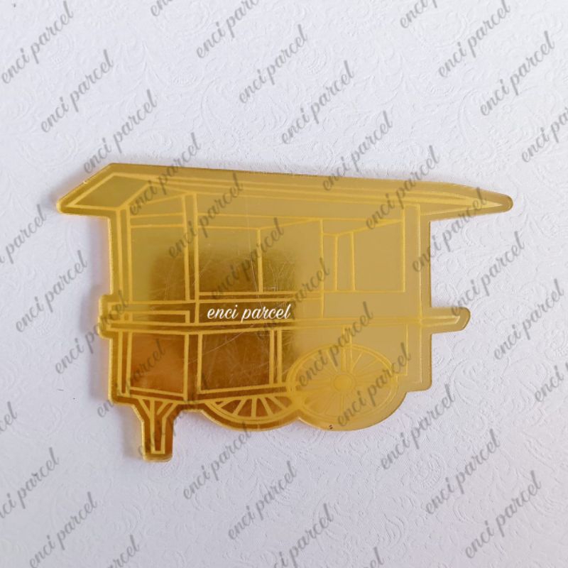 akrilik logo miniatur replika gerobak dorong makanan dagangan bakso mie ayam soto bahan akrilik gold