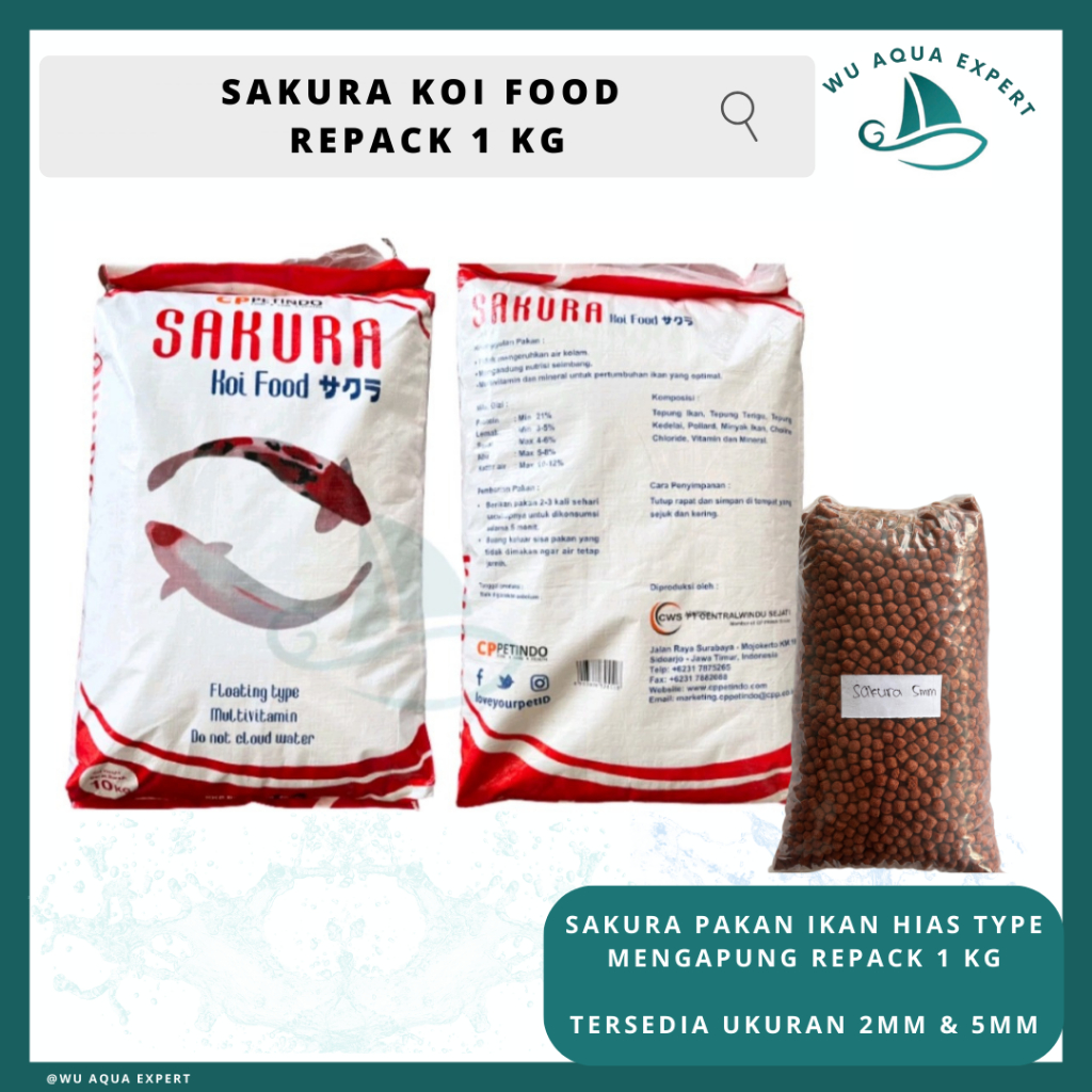 REPACK 1 Kg Pakan Pelet Ikan Koi SAKURA KOI FOOD Apung 2mm, 5mm Pelet Ikan Koi Hias Makanan Ikan Flo