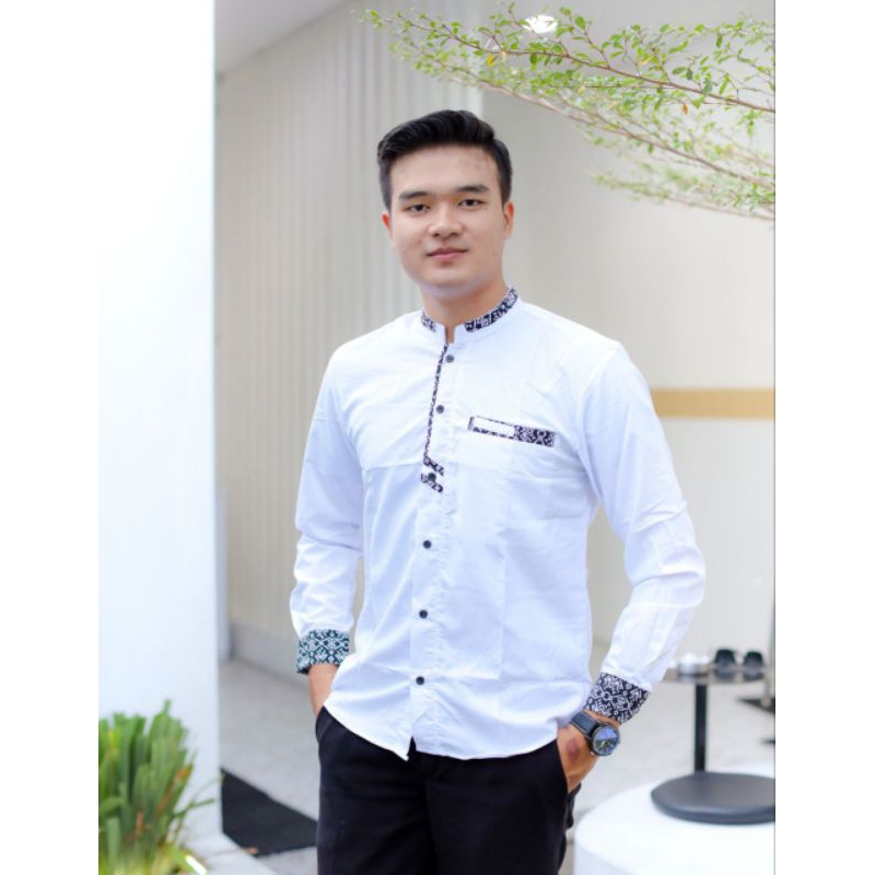 Baju Koko Warna Putih Lengan Panjang Kemeja Pria Koko El rumi Motif Anos