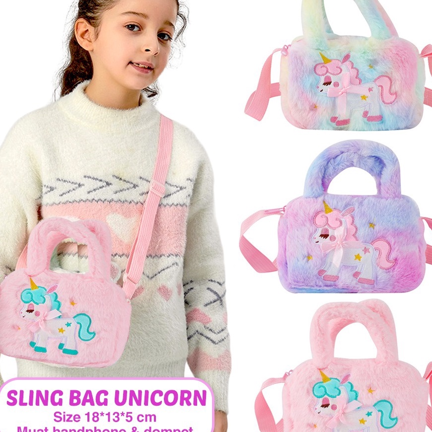 New Stock Tas Selempang Anak Perempuan Unicorn Bulu Sling Bag Bulu Unicorn Persegi Anak Paud Tk Ori 