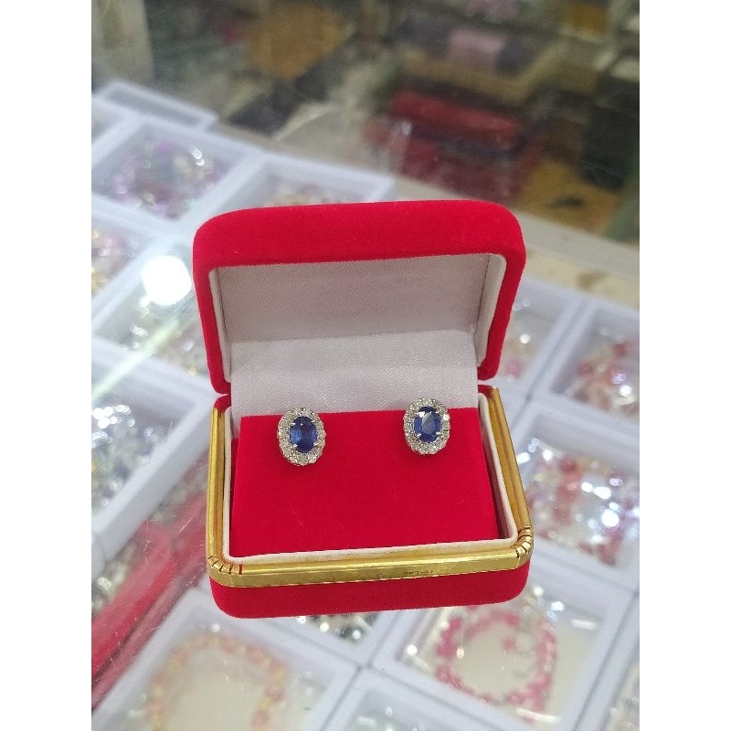 Anting Silver Natural Diamond Eropa Batu Permata Blue Sapphire