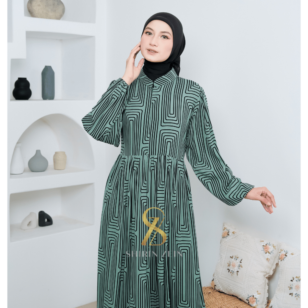 ShirinZein - Gamis Dress Linna Hitam Busui Friendly Motif Terbaru Kondangan Mewah Muslim Wanita Kekinian-Hijau