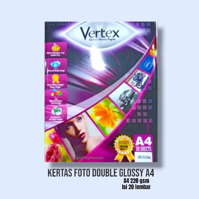 

Kertas foto vertex Double side glossy A4 220g ( 20 lembar)