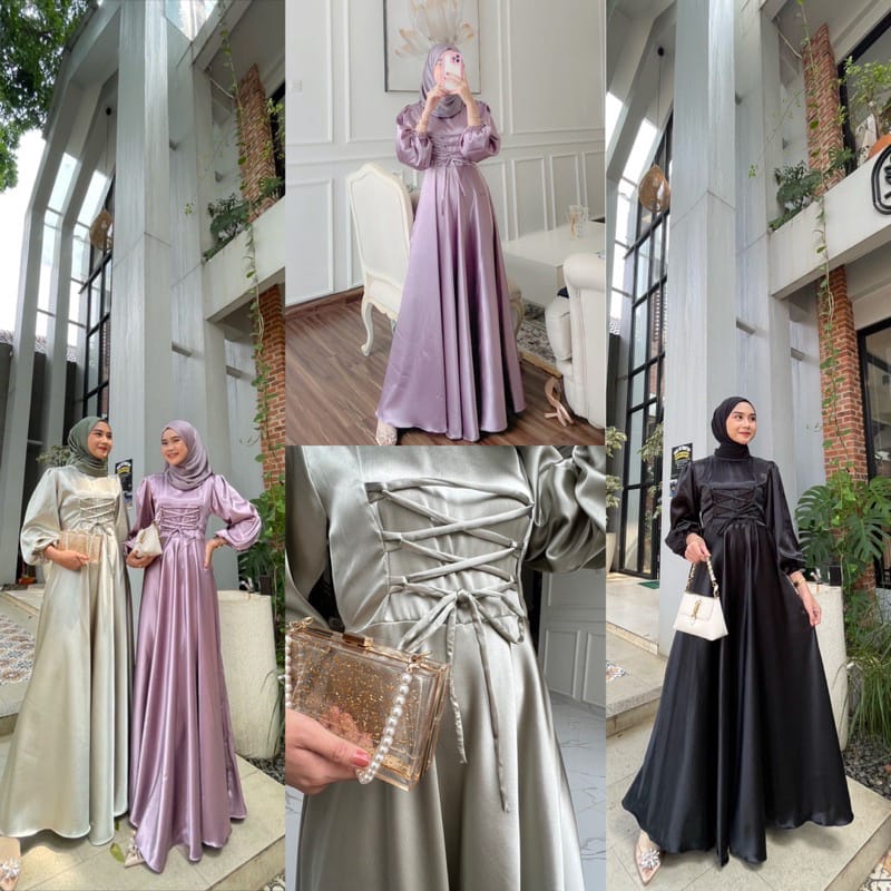 HARGA GROSIR Mila Dress Muslim Korea Satin  Gamis Kondangan  Gamis Pesta  Dress Termurah  Gamis Musl