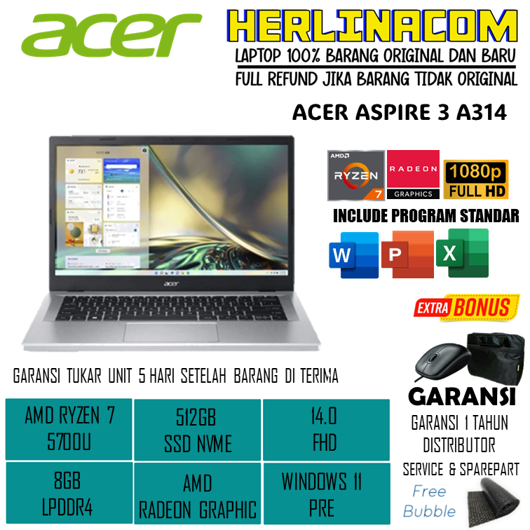 LAPTOP ACER ASPIRE 3 A314 AMD RYZEN 7 5700 8GB 512GB SSD 14.0 FHD WINDOWS 11