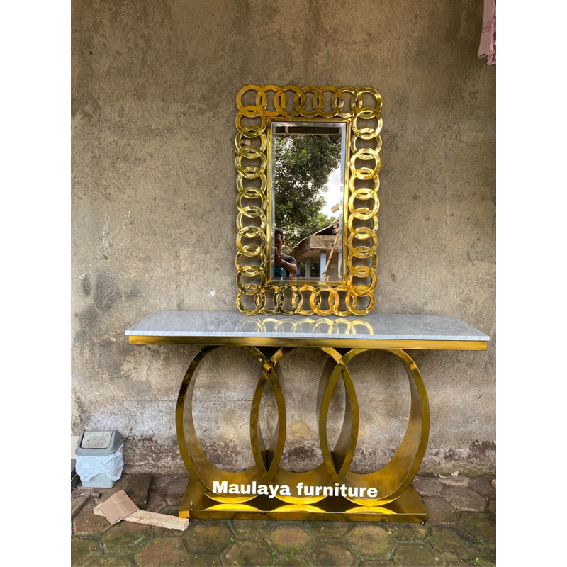Meja Konsul Model Kaki Stainless Gold + Cermin Stainless Gold
